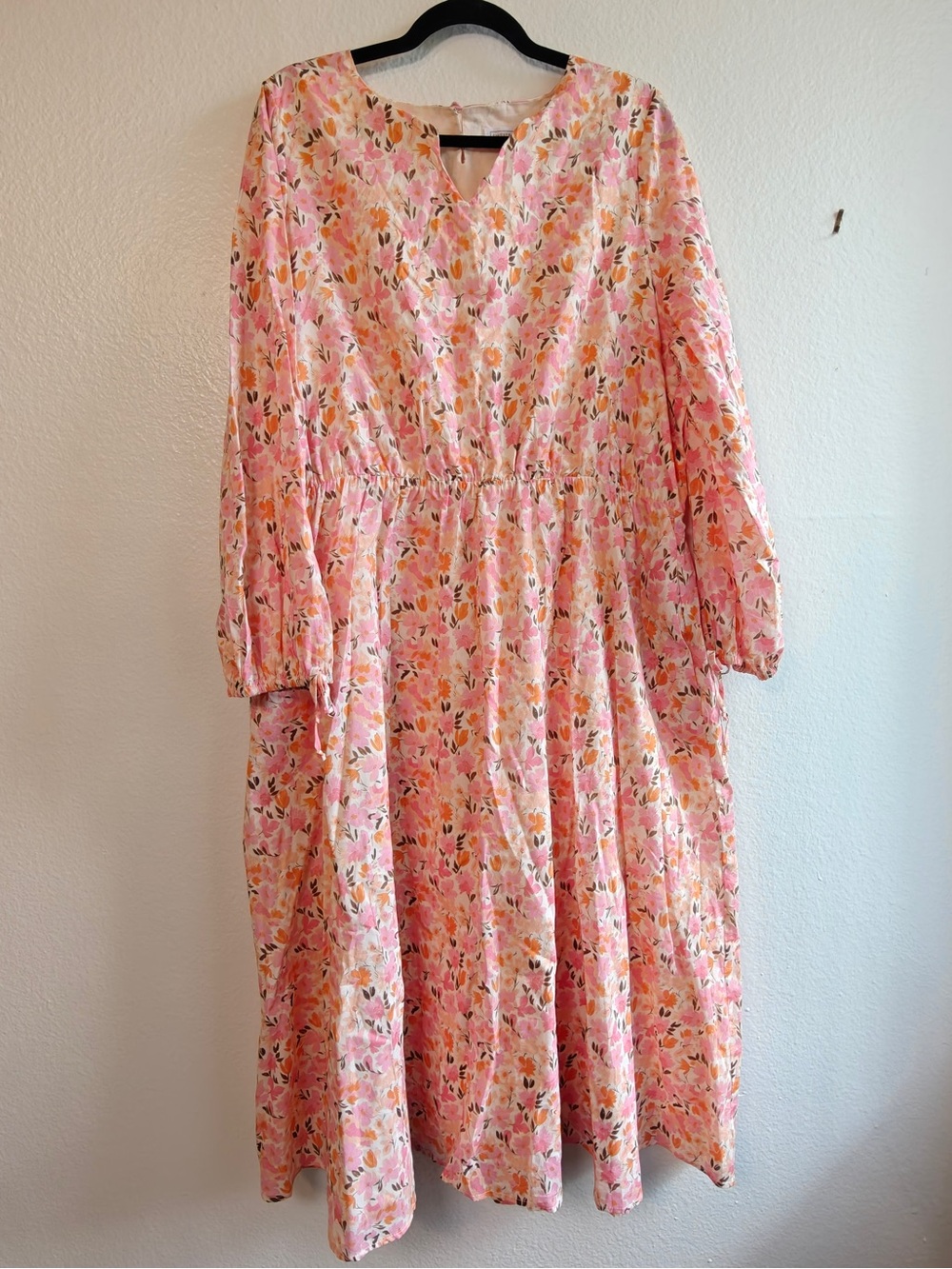 Sweet Salt XXL Floral Cotton Midi Dress Pink Orange Long Sleeve Pockets